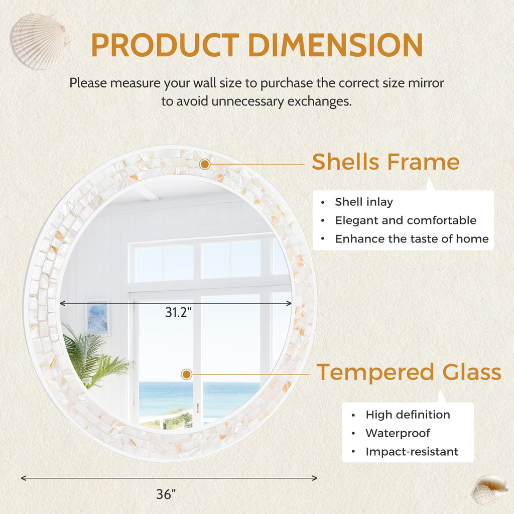 36 Inch Large Round Mirror, Natural Shell Circle Wall Decor