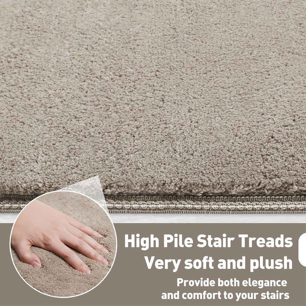 Bullnose Carpet Stair Treads Ultra Plush Cream Gray 14 Pcs - Set of 14