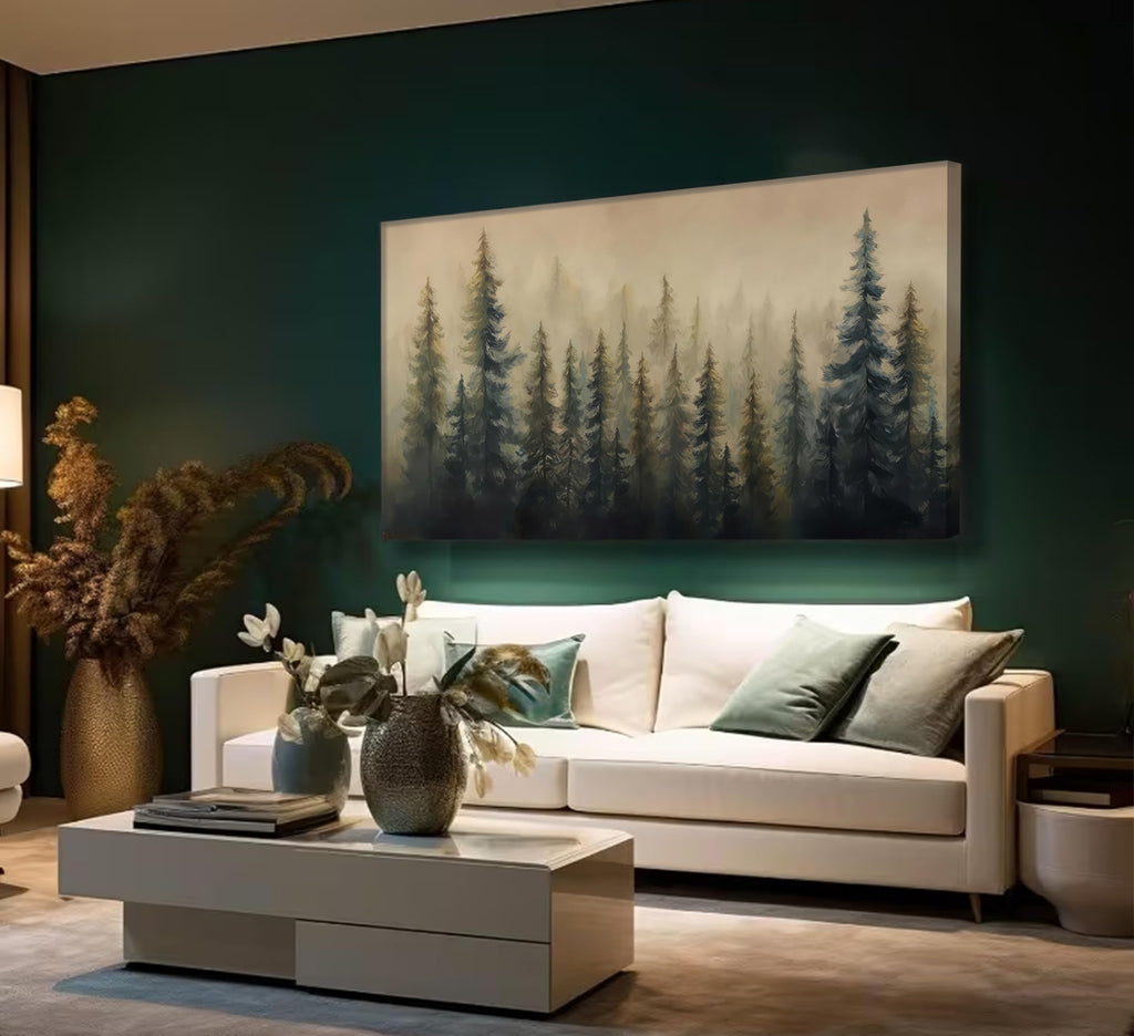 Large Misty Forest Landscape Canvas Wall Art Green Pine Tree and Foggy Mountains Scenery Picture Wall Decor Abstract