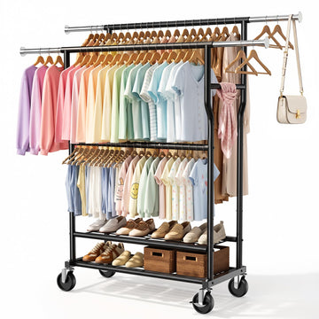 Heavy Duty Clothes Rack Load 960LBS, Adjustable Three Rods Rolling Garment Rack with Double-Layer Bottom Shelf