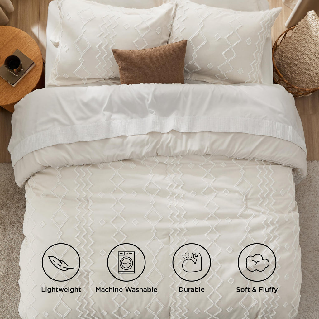 Boho Tufted Comforter Set Queen - Beige Cationic Dyeing Bed Set, 3 Pieces Farmhouse Shabby Chic Embroidery Bedding