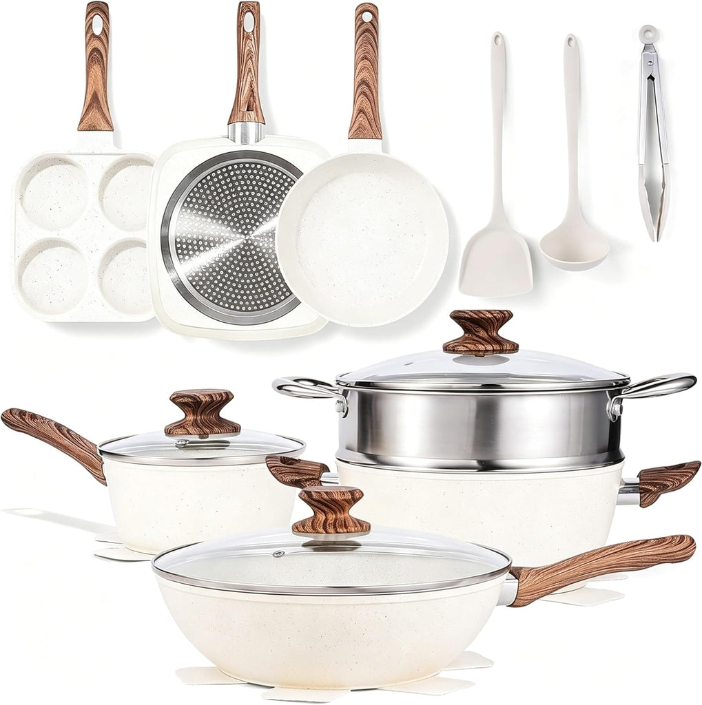 17Pcs Ceramic Cookware Set, Non-Toxic Nonstick Cooking Pots & Pans with Heat Resistant Grips, Complete Induction