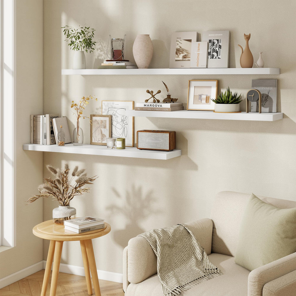 48 Inch Floating Shelves in White, 9.3 Inch Deep Wall Shelves, Deep Long Shelf Wall Mounted 1 Pack Shelf for Books