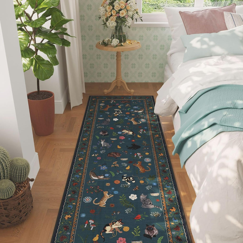 Runner Rug for Kitchen Non Slip 2'6''x8' Washable Rugs with Rubber Backing Soft Floral Animal Cat Ca