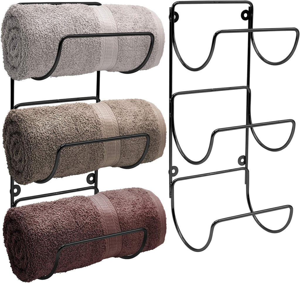 Towel Holder Wall - 6 Level Wall Mounted Towel Rack Shelves for Rolled Bath Towels, Washcloths, Linens - Black