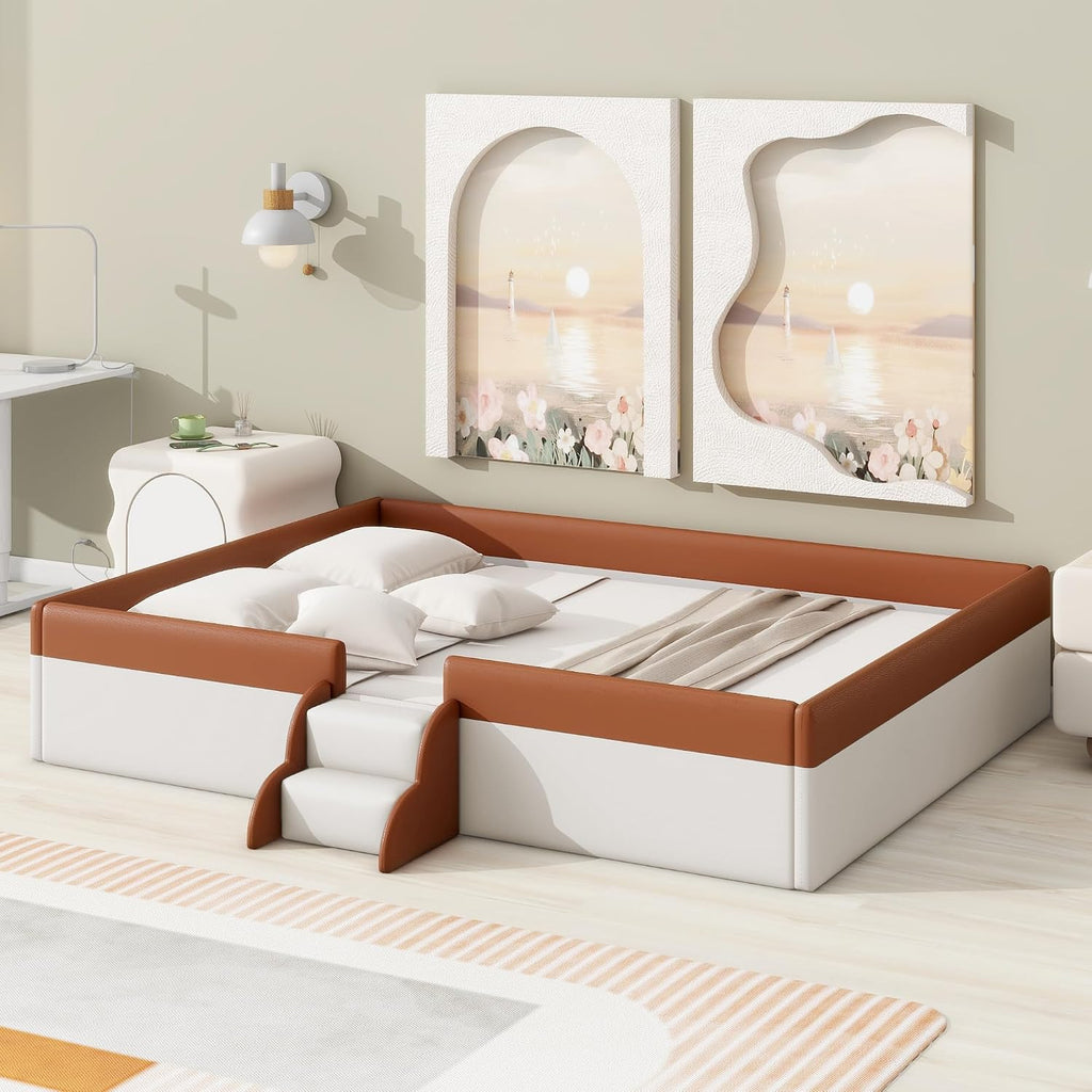 Queen Size Upholstered Kids Daybed Frame with Fence and Stairs, Wood Bed , Floor Bed, White+Brown