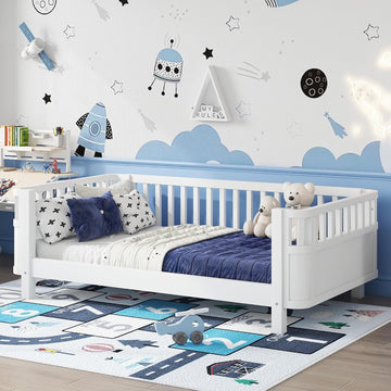 Bed Frame for Kids with Rails, Low Profile Montessori Bed with Detachable Side Rail, Solid Pine Wood Kids