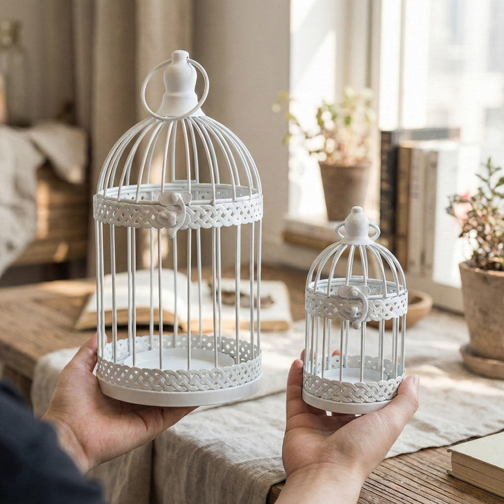 Decorative Indoor Birdcage Candle Holder Set of 2, White