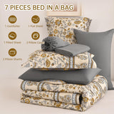 Dinjoy Boho Comforter Set Queen,Beige Brown Bedding Paisley Floral 7 Piece Bed in a Bag Reversible Lightweight