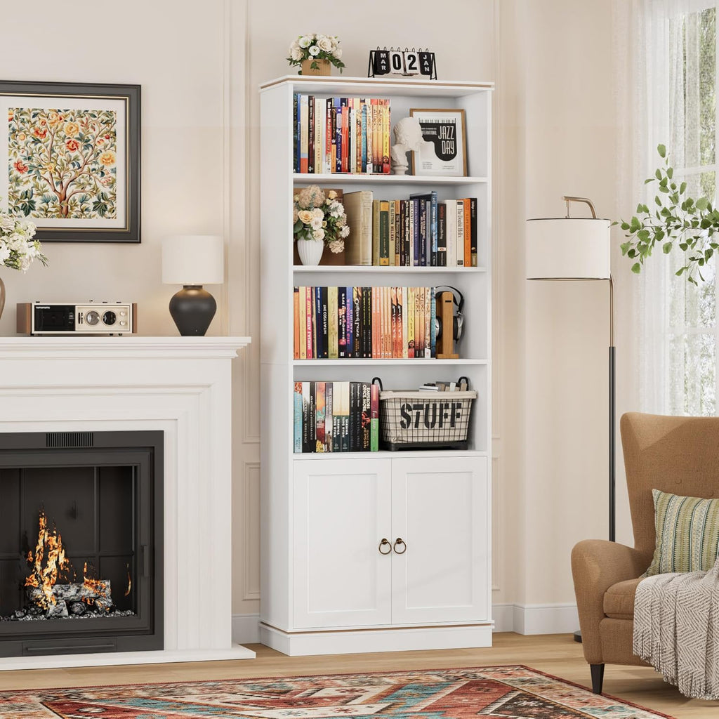 71" Tall Book Shelf and Bookcase with Doors, 6 Tier Wooden Bookshelf with Storage Cabinet