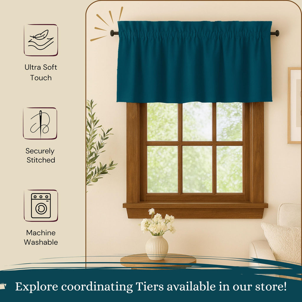 Teal Green Valance Curtains 2 Pack, 54x18 Inches, 100% Cotton, Rod Pocket Window Valances, Semi Sheer Short Curtain