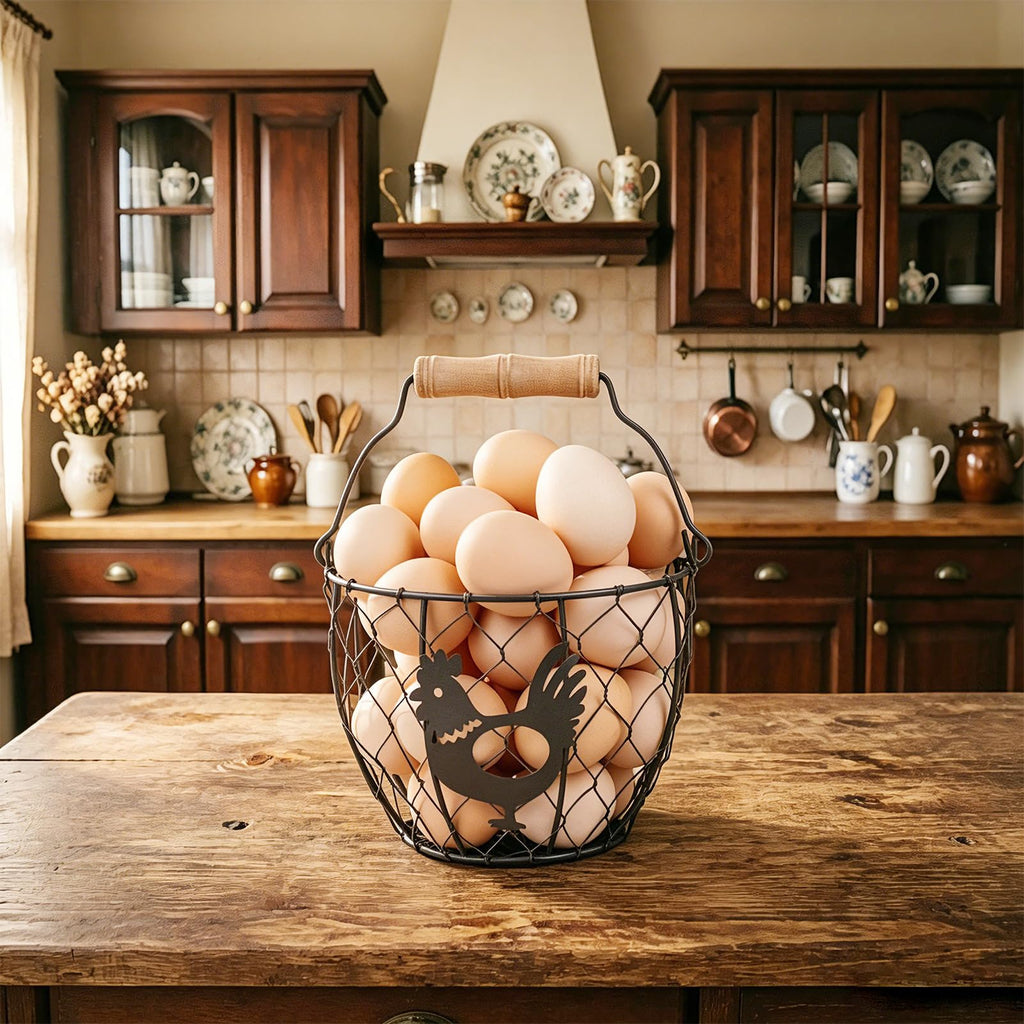 Wire Egg Basket Set of 2, Rooster Design Wooden Handle Farm Egg Storage 6.5in & 7.5in
