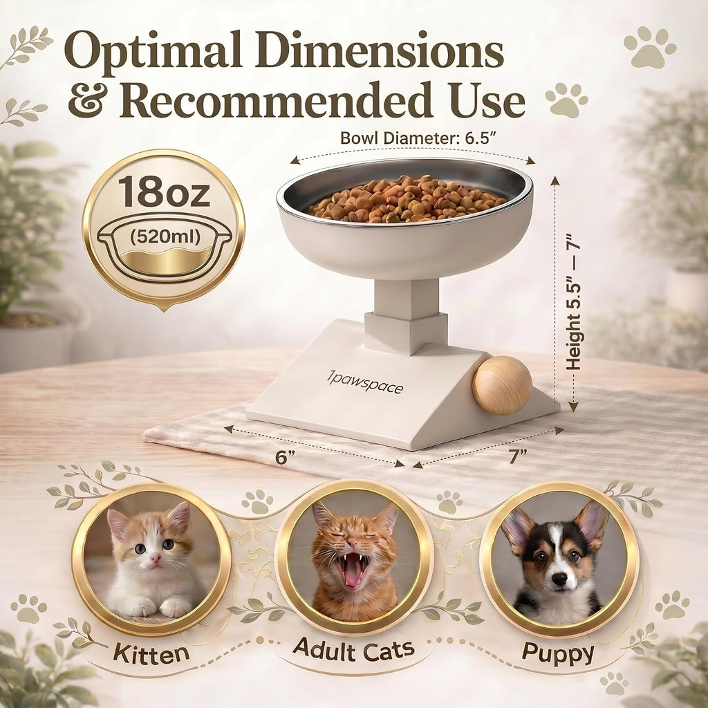 Adjustable Elevated Cat Bowl, 304 Stainless Steel Bowl, 18oz (White)