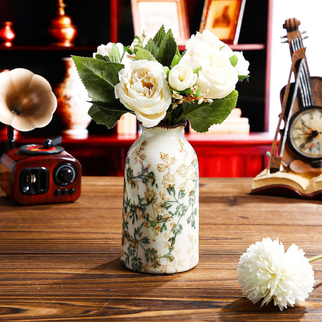 Green Vintage Vase 5.9 Inch Ceramic Crackle Floral Vase for Farmhouse Retro Home