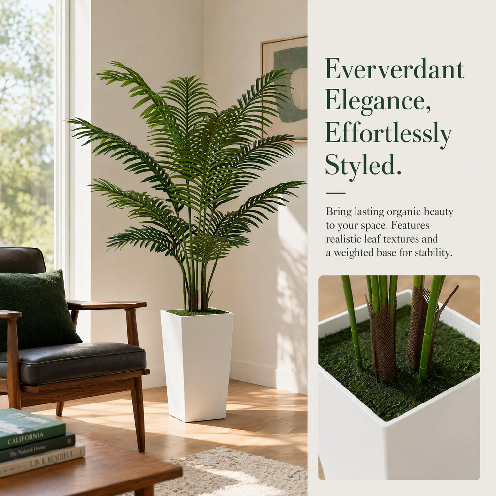 5FT Fake Palm Tree with Tall White Planter, Realistic Artificial Plants Indoor Decor, Office and Living Room
