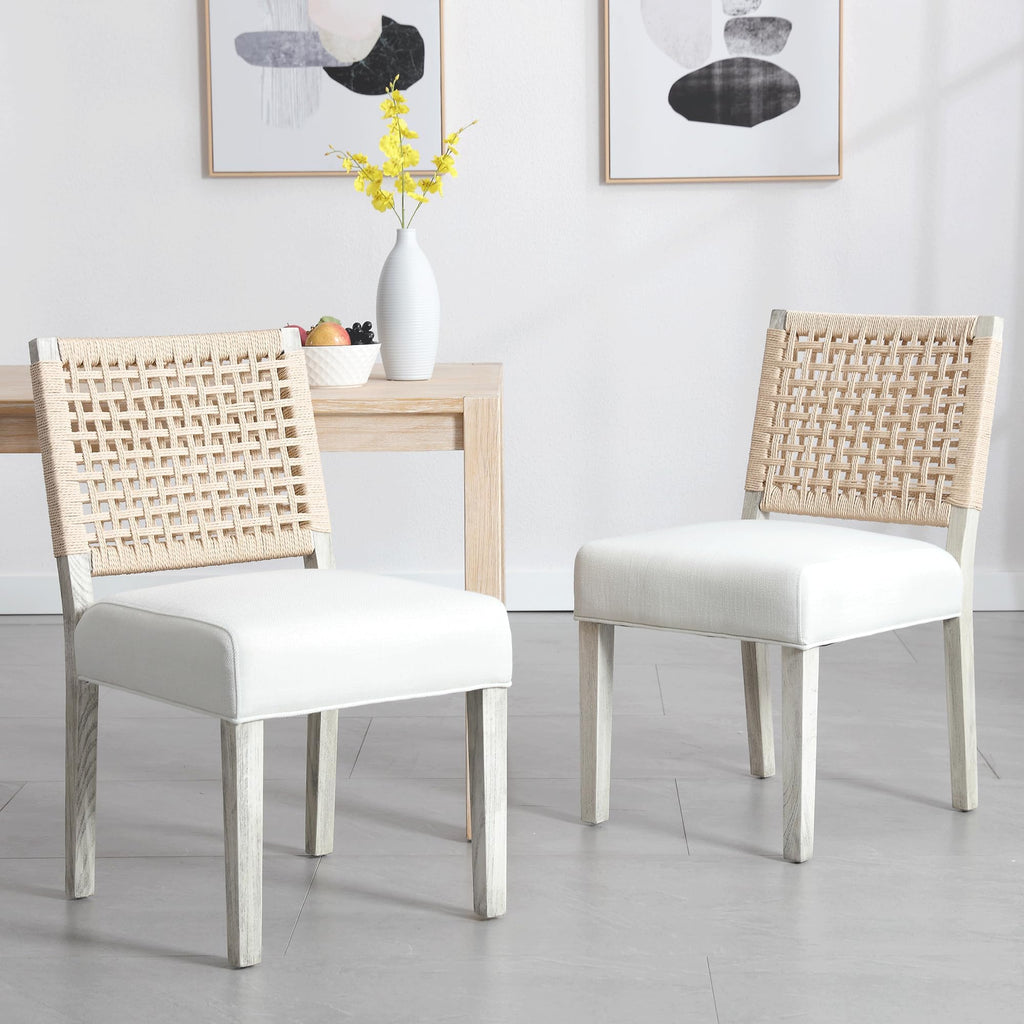 Farmhouse Dining Chairs Set of 4, Upholstered Kitchen Room Chairs with Rattan Back, Solid Wood Woven Back Dining