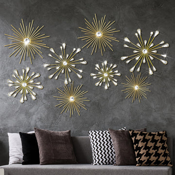 8 Pcs Gold Metal Starburst Wall Art, 3D Crystal Teardrop Rhinestone Wall Sculptures, Modern Mid Century Hanging