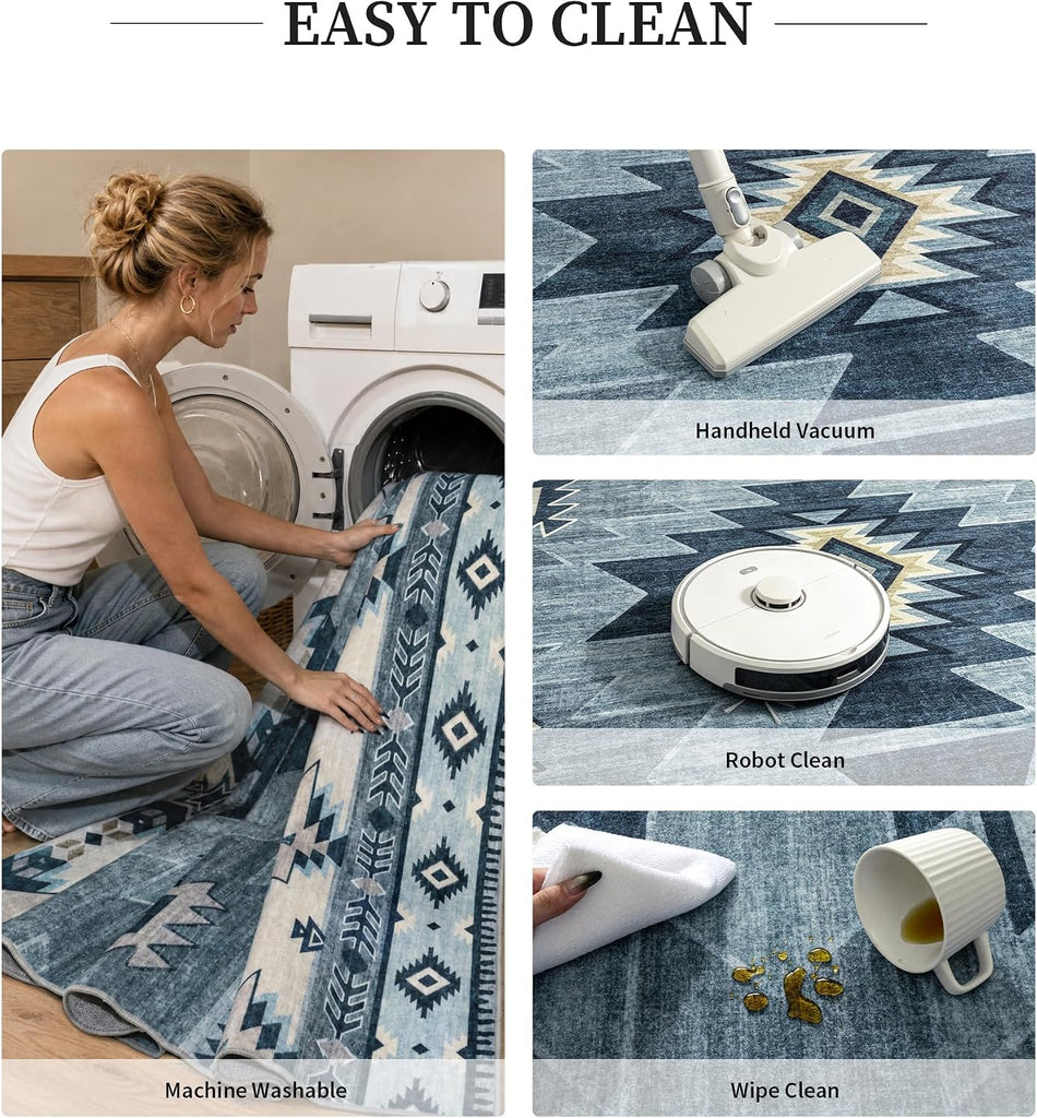 Washable Western Aztec Area Rug, Blue