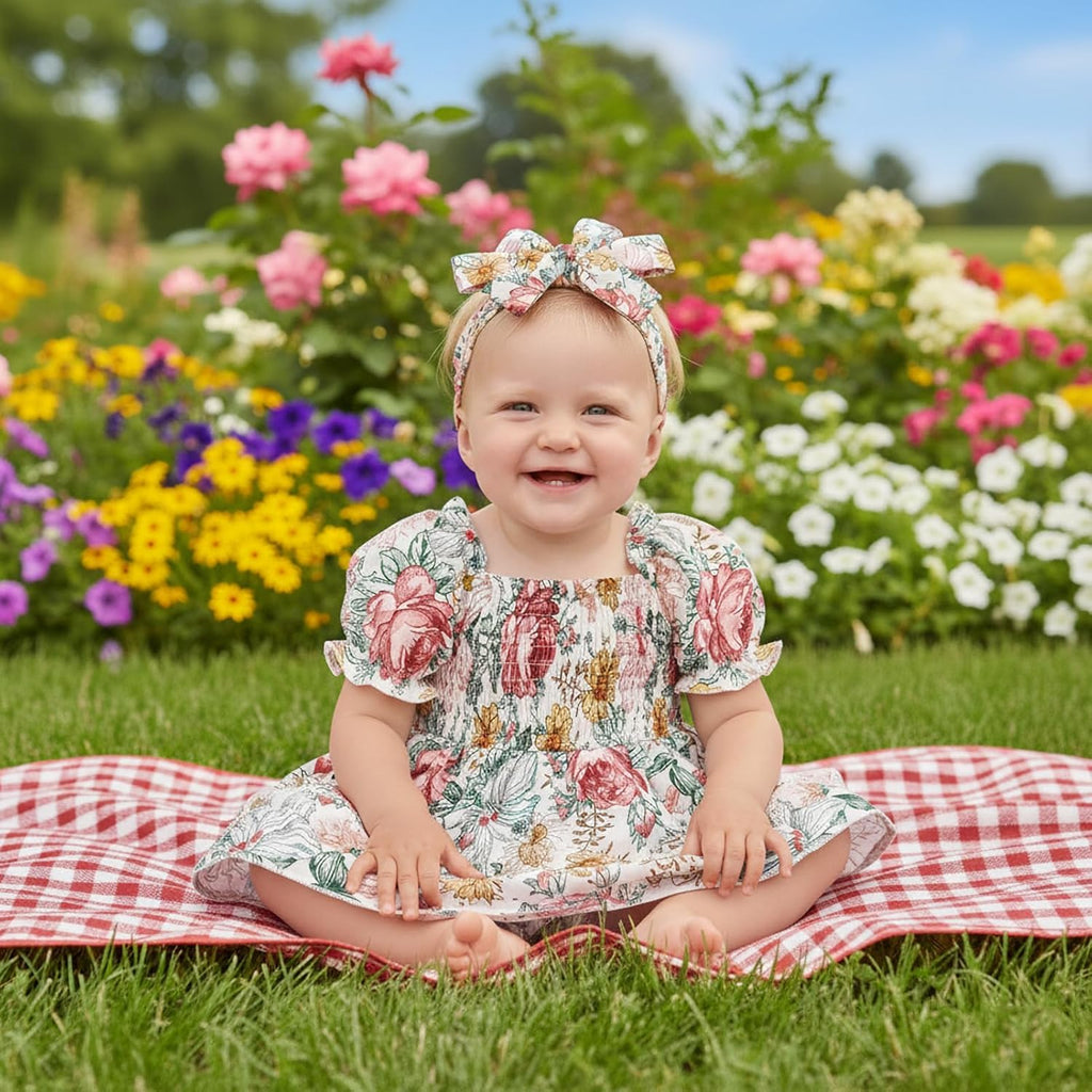 Baby Girl Romper Dress, Puff Sleeve Smocked Outfit with Headband for Infants Soft Cotton Photo Shoot