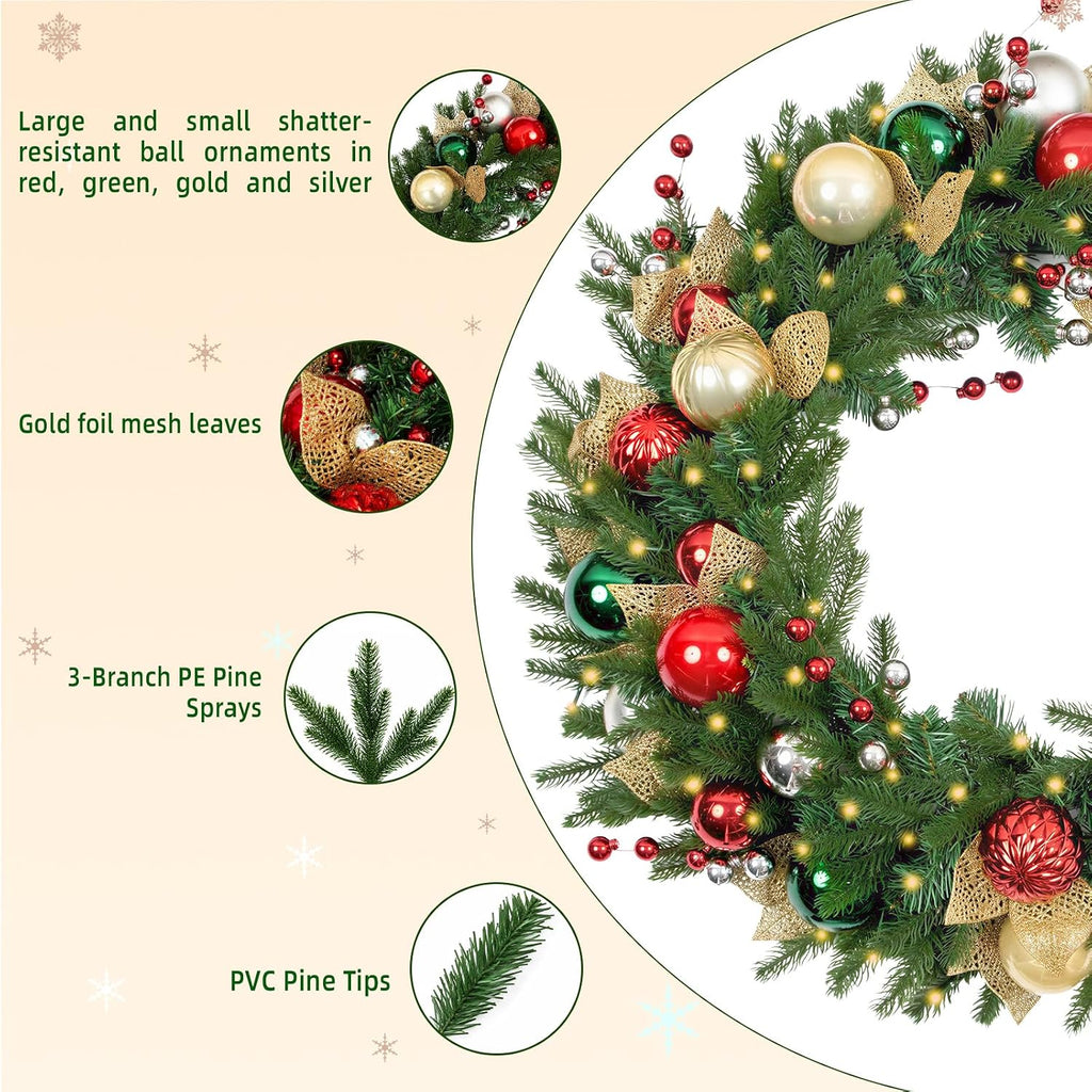 32 Inch Pre-Lit Christmas Wreath with 60 Warm White LED Lights and Timer, Battery Operated Artificial PE & PVC Wreath