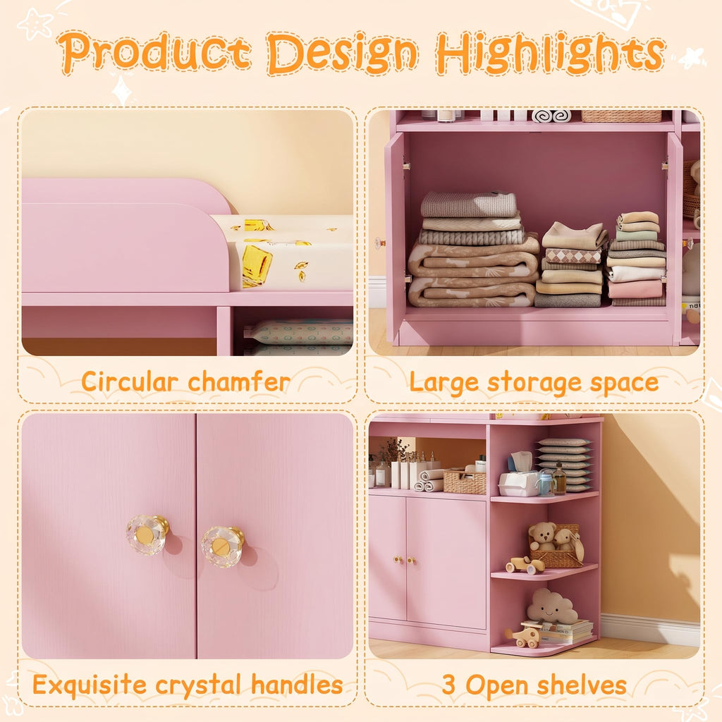 Changing Table Dresser with Large Cabinet, Wood, Pink