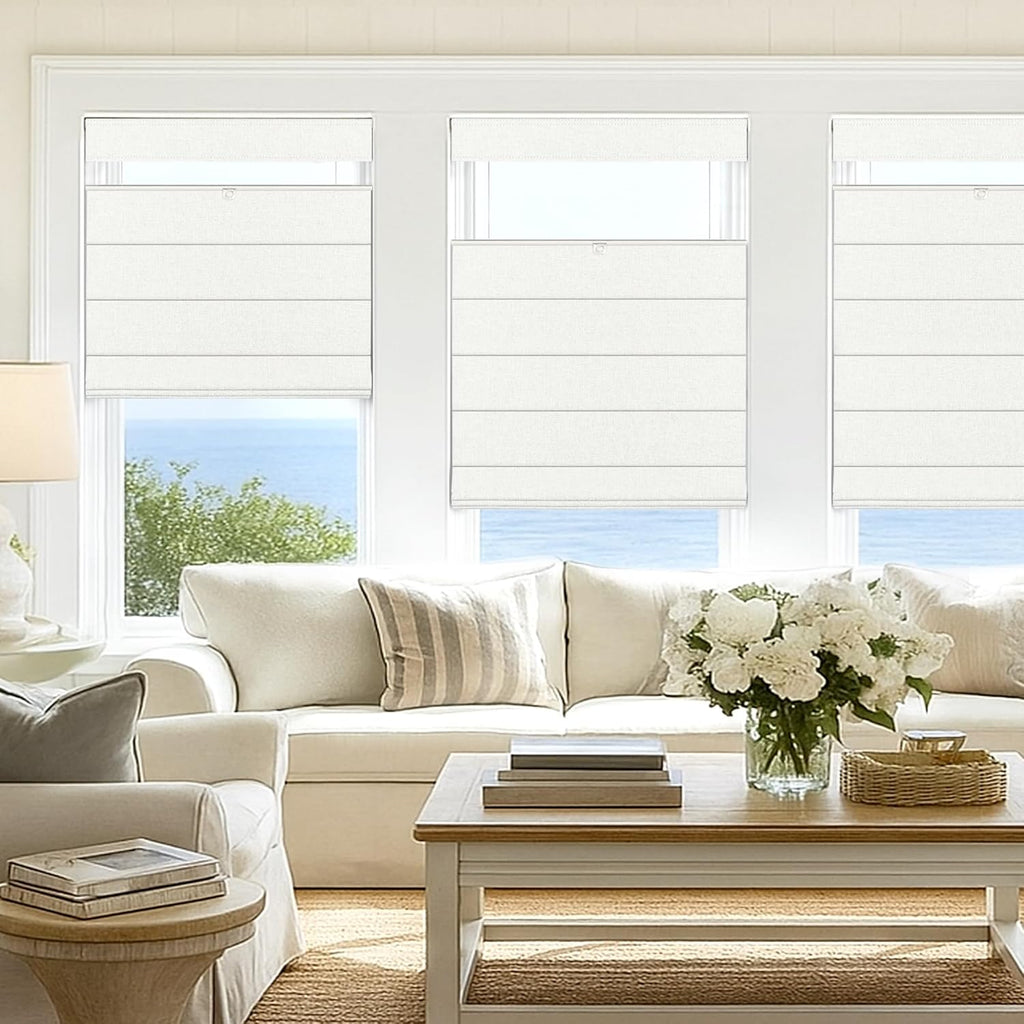 No Drill TDBU Roman Shades, Blackout - White, 34" W x 64" H | No Tools Top Down Bottom Up Cordless Fabric Blinds for