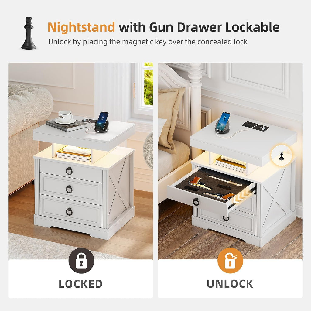Lockable Night Stand - with Gun Drawer,LED Nightstand with Charging Station,Bedside Table with Human Sensor 3-Color