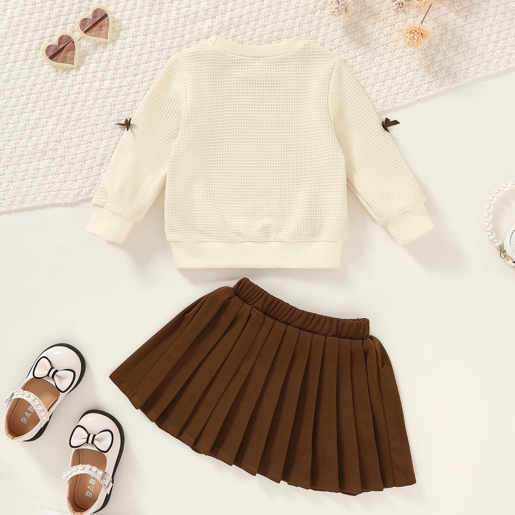 Toddler Girl Fall Winter Clothes Waffle Knit Sweatshirt Pleated Skirt Set