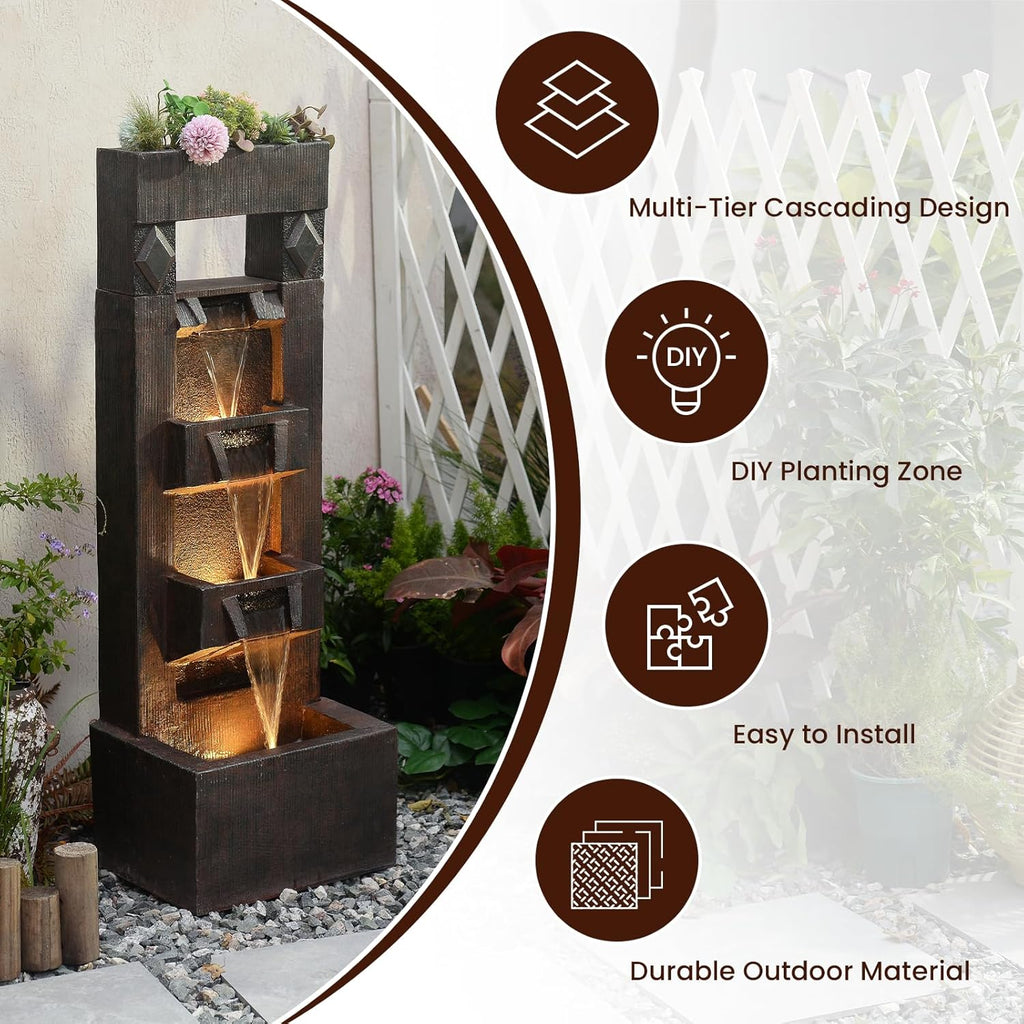 40.9" H 4-Tier Indoor/Outdoor Modern Water Fountain with Led Lights and Pump, Outdoor Freestanding Cascading Waterfall