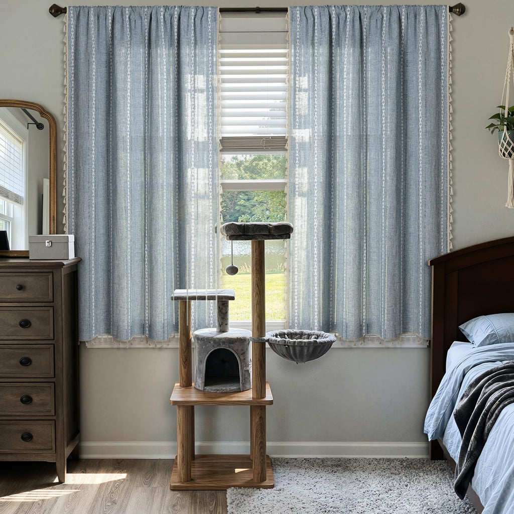 Blue Boho Curtains Linen-Textured Bedroom Light Filtering 2 Panels 63 Inch Farmhouse Embroidered Striped Curtains &