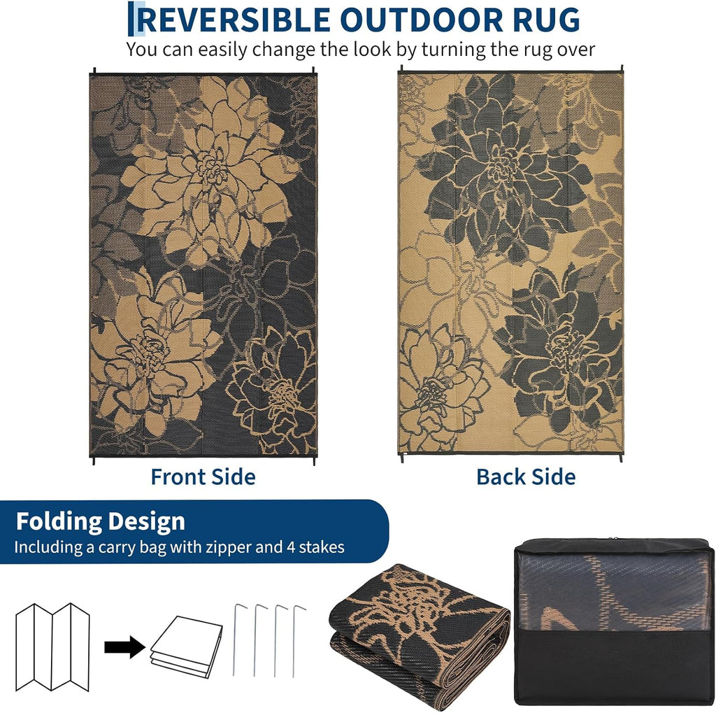 Outdoor Rug Reversible Modern Floral Patio Rug Waterproof & Washable Outside Carpet, UV Weather Resistant RV