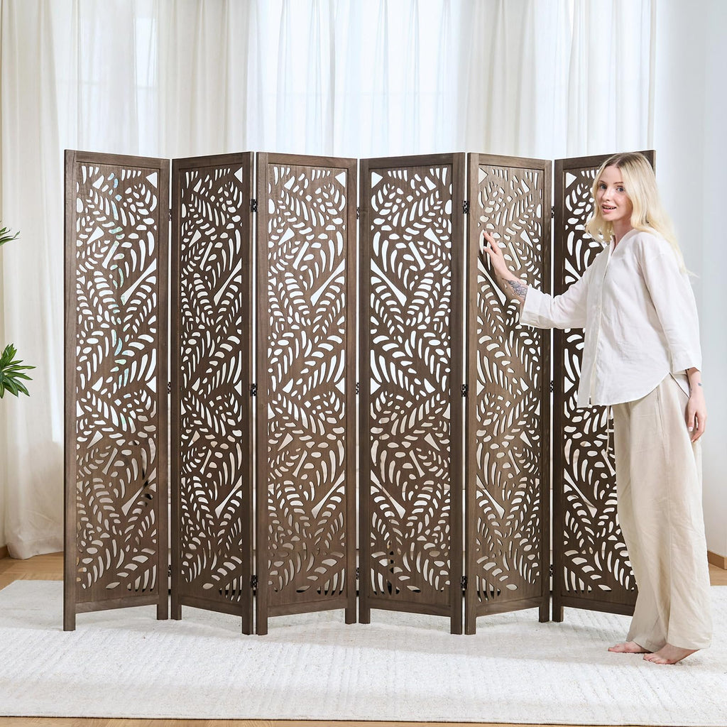 Leaf-Carved Room Divider Privacy Screen - 67 Inch Tall Foading Decorative Wood Screen Dividers Panel - Natural Wood