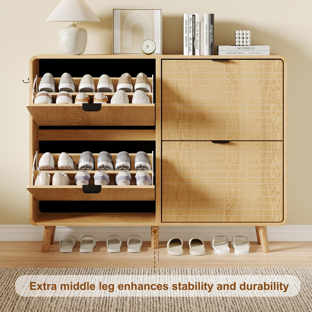 Fluted Shoe Storage Cabinet with 4 Flip Drawers, Oak