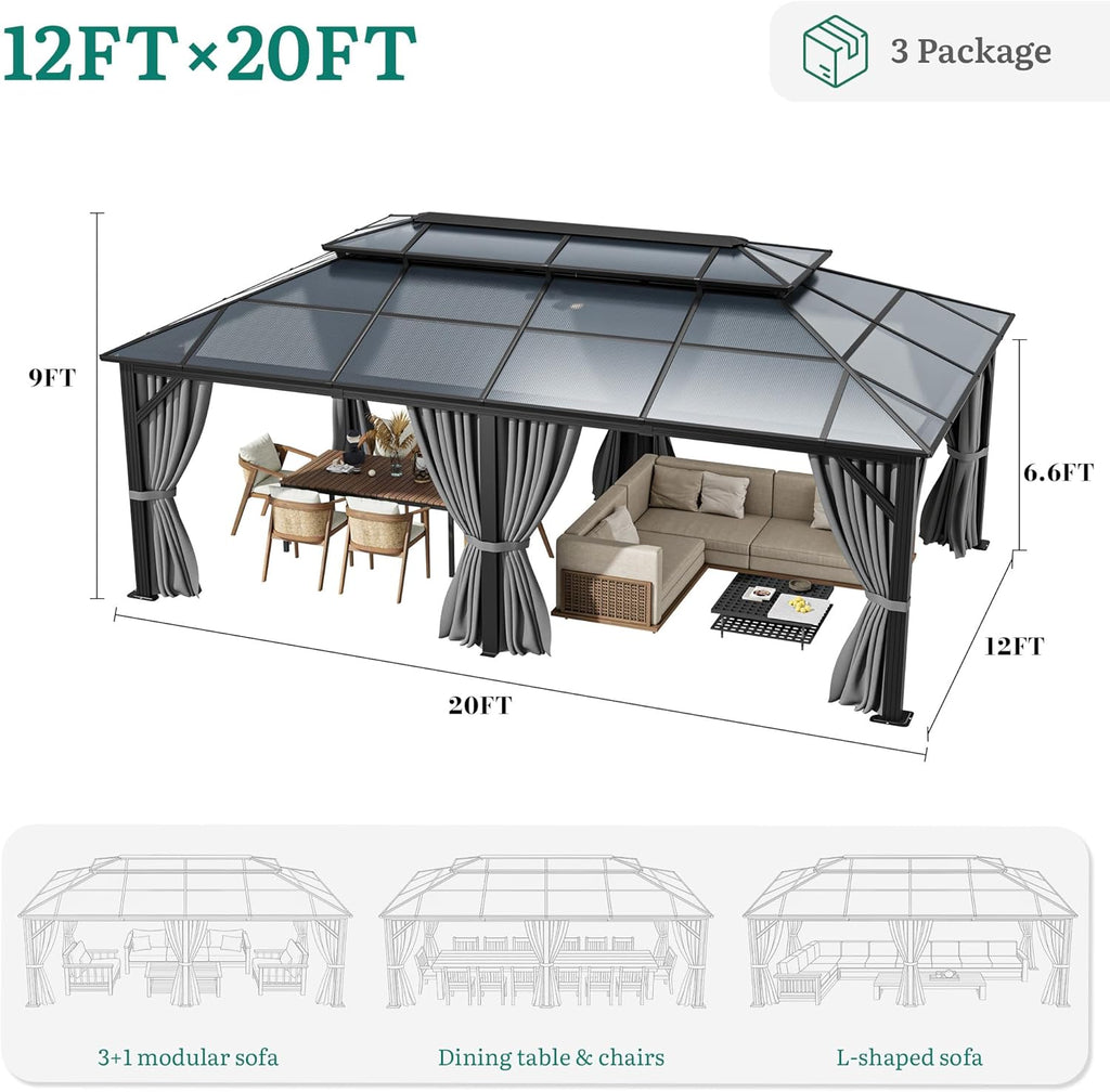 12x20FT Gazebo Polycarbonate Hardtop Double Roof Canopy Outdoor with Netting and Shaded Curtains