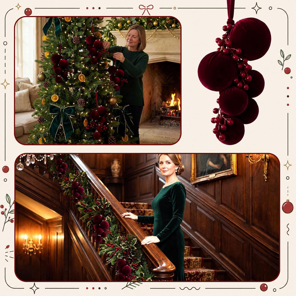 4 Set Burgundy Velvet Christmas Ball Ornaments with Berries