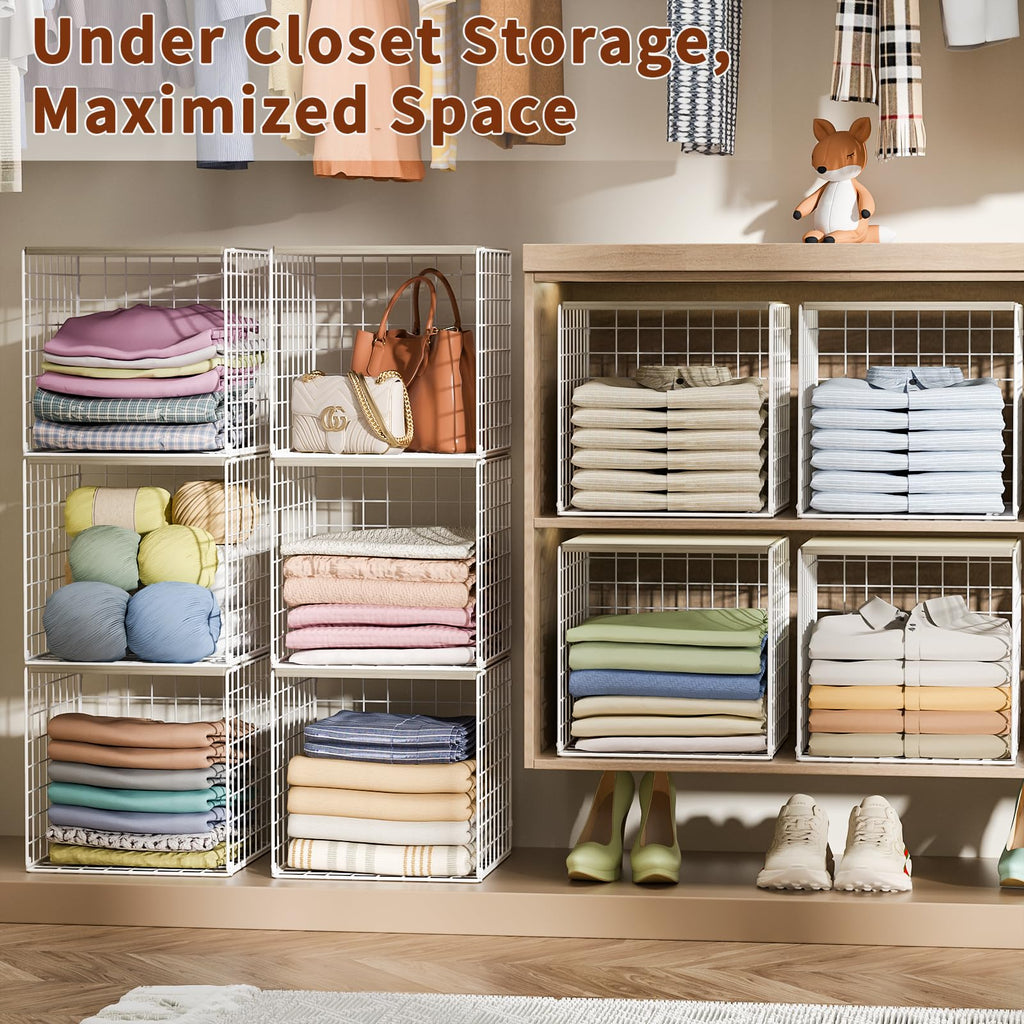 6 Pack Stackable Closet Organizer, Closet Organizers and Storage Shelves with Wood Tops, Metal Storage Bins for