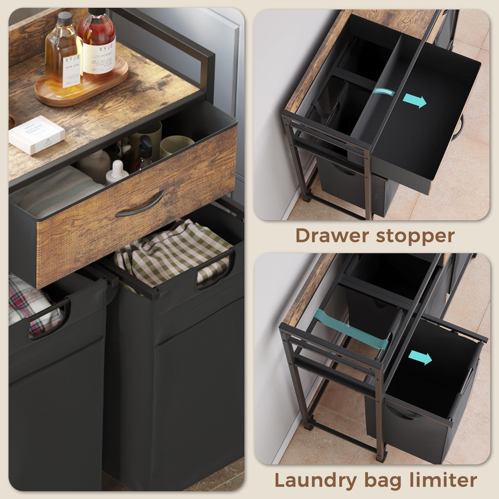 Laundry Sorter 3 Section with 3 Bags 4 Wheels 2 Drawers