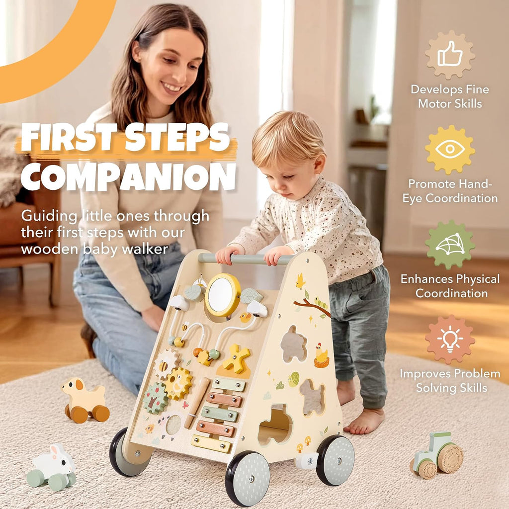 Wooden Baby Push Walker, Baby Walker with Activity Center for Girls Boys, Montessori Sensory Push Toys for Babies
