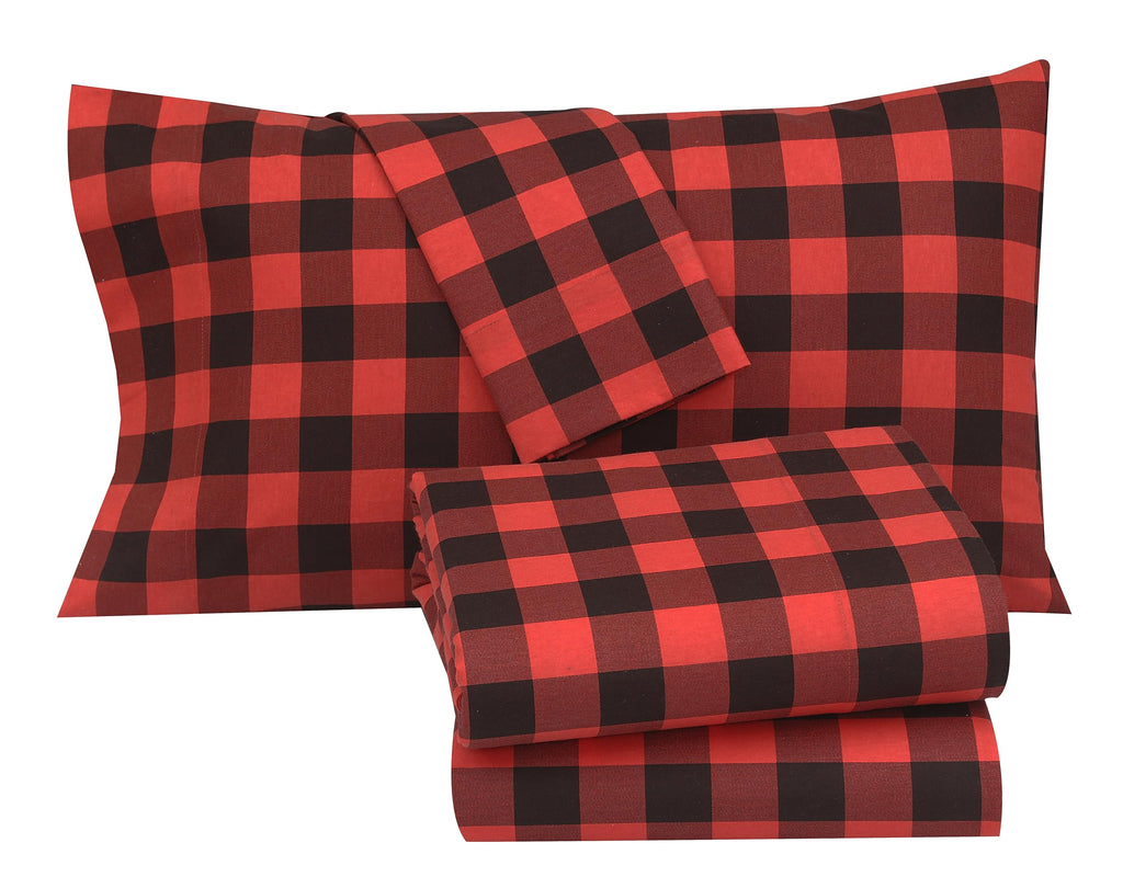 100% Cotton Flannel Sheets, 4 PCs, Red & Black Plaid