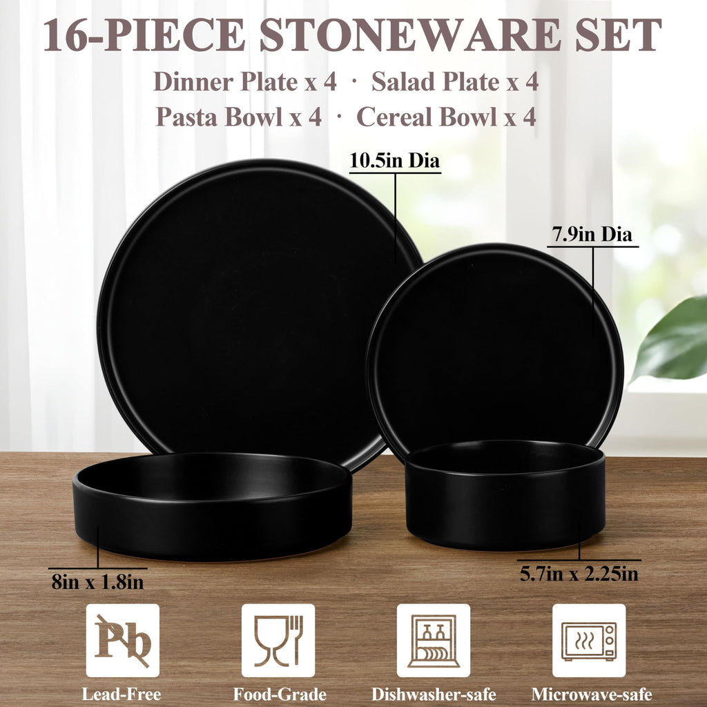 Dinnerware Sets with Pasta Bowls for 4, 16 Piece Dinner Salad Plates and Cereal Serving Bowls, Stoneware Dishes