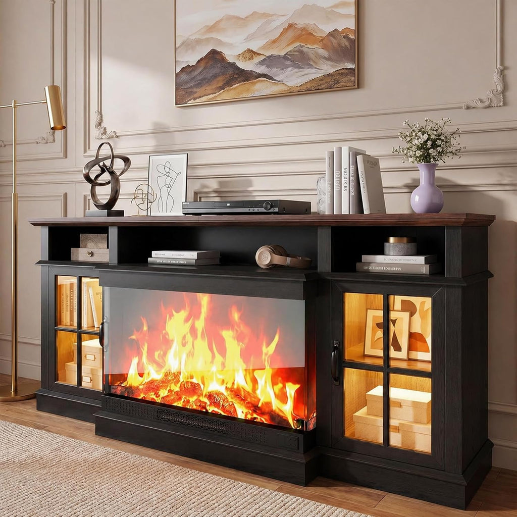 70" Fireplace TV Stand, 3 Sided Glass Modern Entertainment Center for TVs Up to 80", TV Console with Storage