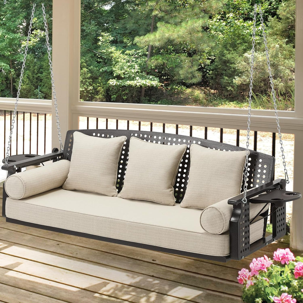 3 Seat Hanging Porch Swing, Patio Swing Bench with Cup Holders & 3 Back Cushions, Swing Chair with Chains for Deck