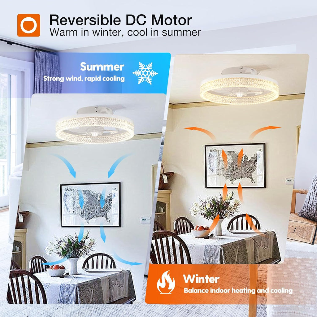 Modern Ceiling Fans with Lights and Remote, Flush Mount, 20 Inch Bladeless Ceiling Fan with Light, Low Profile Ceiling Fan, Reversible, 3CCT, Dimmable, Quiet, Ceiling Fans for Bedroom, White A101-B0DNB15FVY