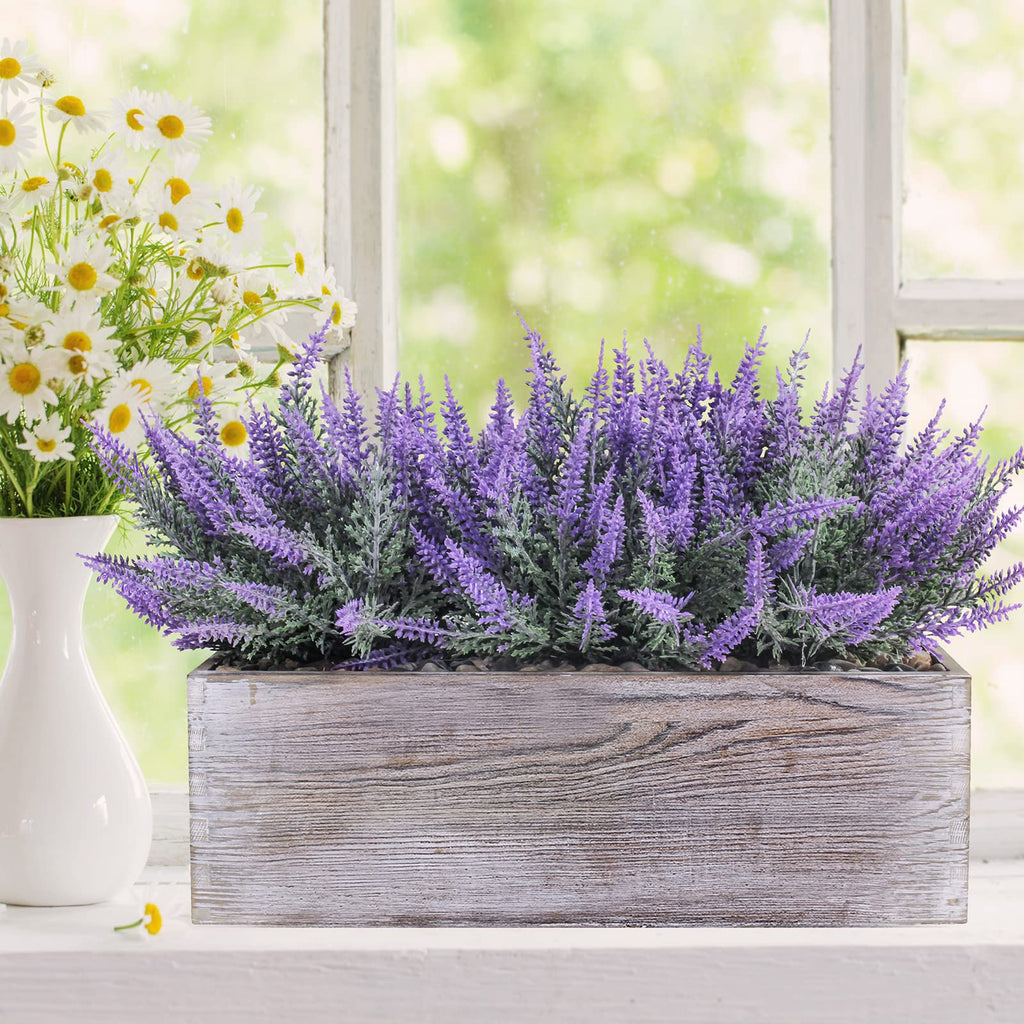 Fake Lavender Flower Arrangement in Rustic Rectangular Wood Planter Box Artificial Potted Lavender Plant for Gifts