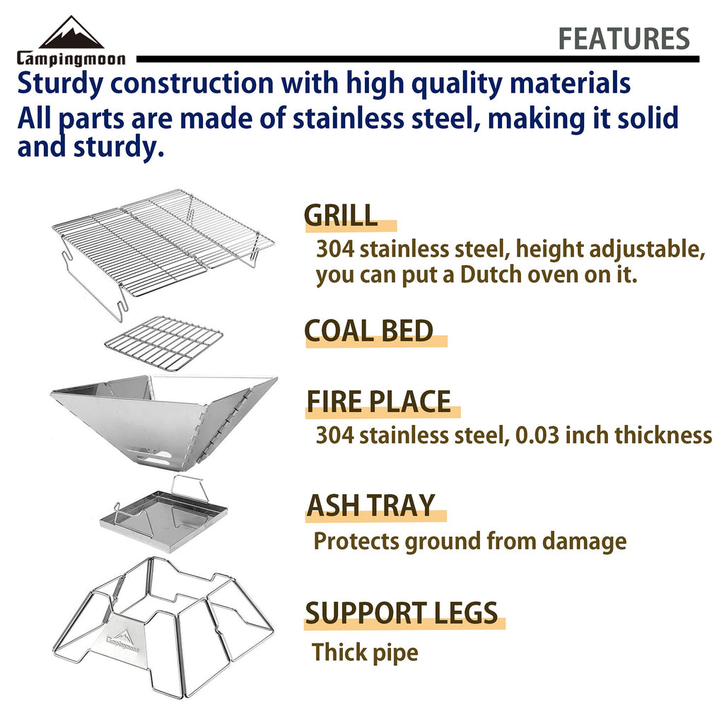Portable Fire Pit Grill 14 Inch Stainless Steel