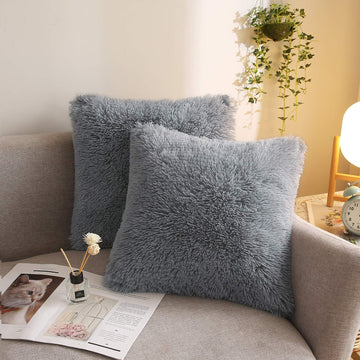 Cozy Faux Fur Throw Pillow Covers, 18"x18", Set of 2, Light Gray