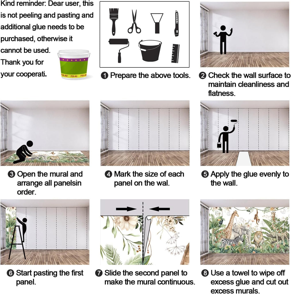 Kids Room Jungle Wall Mural, Safari Animals Rainforest Wallpaper Mural , Kindergarten, Living Room, Nursery Room