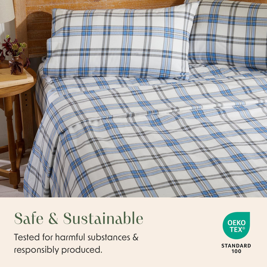 Portuguese Flannel Sheets | 100% Cotton - Plaid - Blue