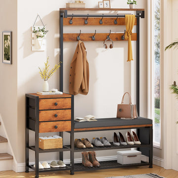 Coat Rack, Hall Tree with Bench and Shoe Storage, 7-in-1 Entryway Bench with Soft Cushion, Storage Bag, 3 Fabric