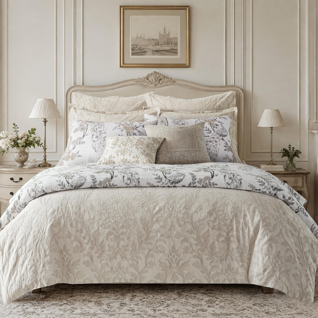Alessio Beige Comforter Set - Comforter + One Standard Pillow Cases - Floral Damask - Beige and Cream